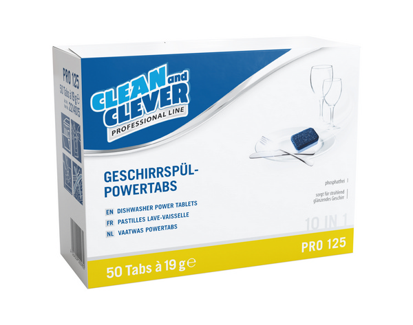 CLEAN and CLEVER Geschirrspül-Powertabs 10 in 1 PRO 125 weiss, fest, pH: 10,2 - 11, chlor- und phosphatfrei, Box à 50 Tabs, 19 g - Webstar - Hygiene- und Verbrauchsartikel - Medizin- und Pflegeprodukte - Kiosk- und Shopartikel - Fun Food Service - Schweiz - Articles d’hygiène et consommables - Produits médicaux et de soins - Produits de kiosque et de magasin - Fun Food Service - Suisse