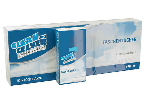 CLEAN and CLEVER Taschentücher PRO 69 4-lagig, weiss, 21 × 21 cm, 24 × 10 Packungen à 10 Tücher - Webstar - Hygiene- und Verbrauchsartikel - Medizin- und Pflegeprodukte - Kiosk- und Shopartikel - Fun Food Service - Schweiz - Articles d’hygiène et consommables - Produits médicaux et de soins - Produits de kiosque et de magasin - Fun Food Service - Suisse